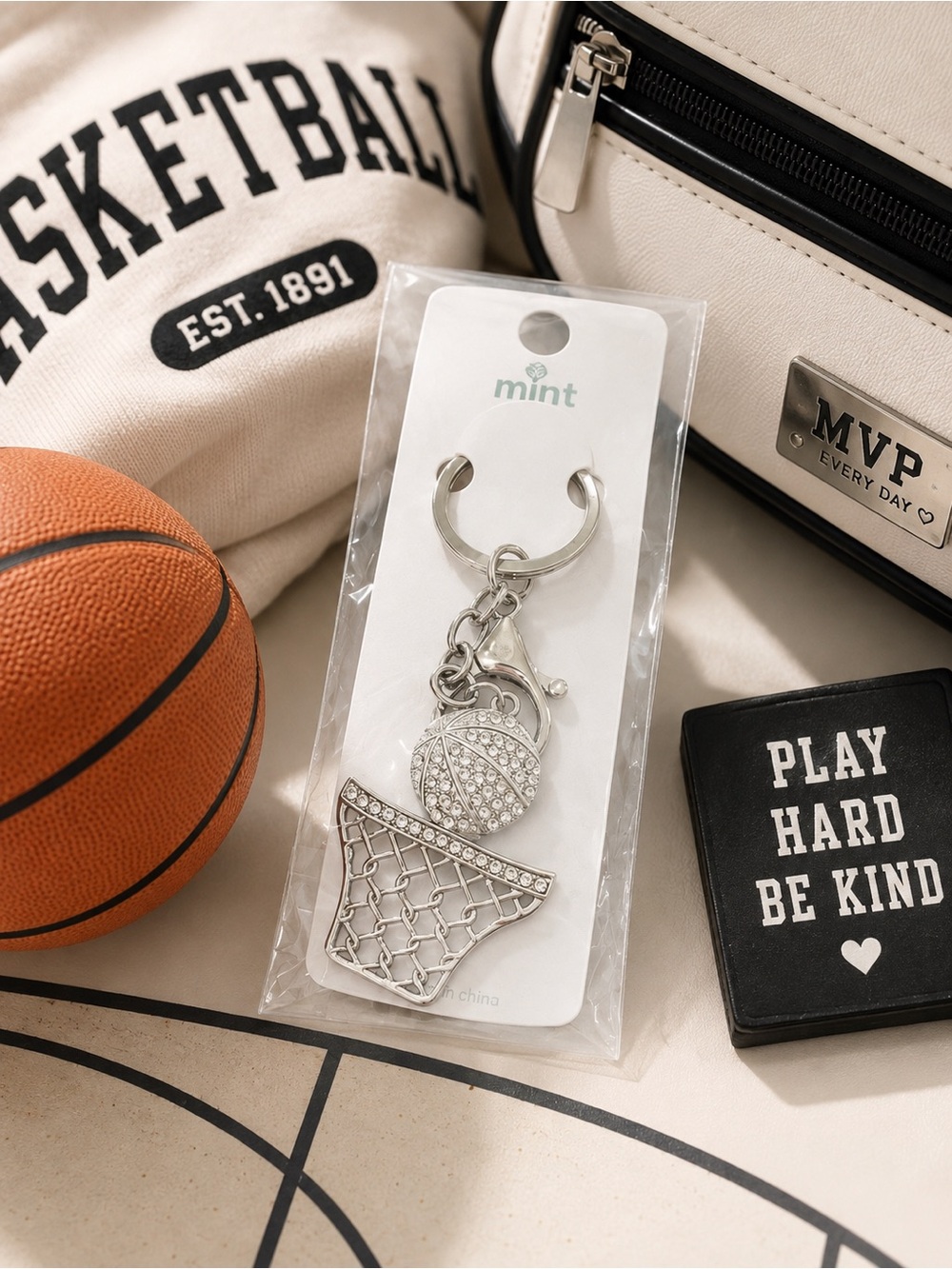 Mint Sparkling Silver Tone Basketball Hoop Keychain/ bag charm